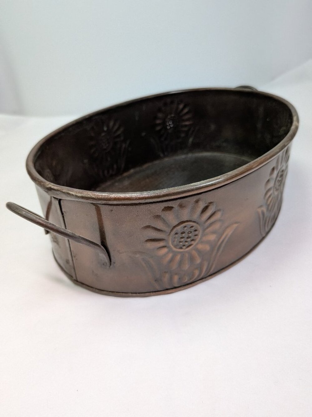 Vintage Copper-Tone Metal Embossed Sunflower Planter Oval Container farmhouse